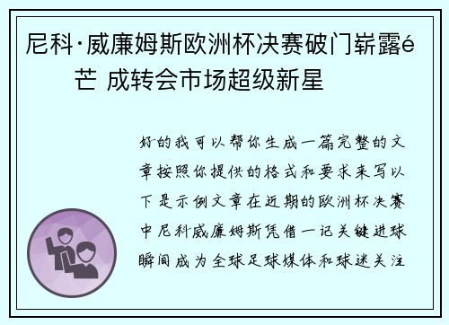 尼科·威廉姆斯欧洲杯决赛破门崭露锋芒 成转会市场超级新星
