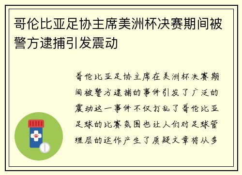 哥伦比亚足协主席美洲杯决赛期间被警方逮捕引发震动