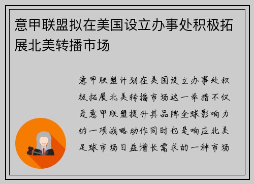意甲联盟拟在美国设立办事处积极拓展北美转播市场 意甲联盟拟在美国设立办事处积极拓展北美转播市场